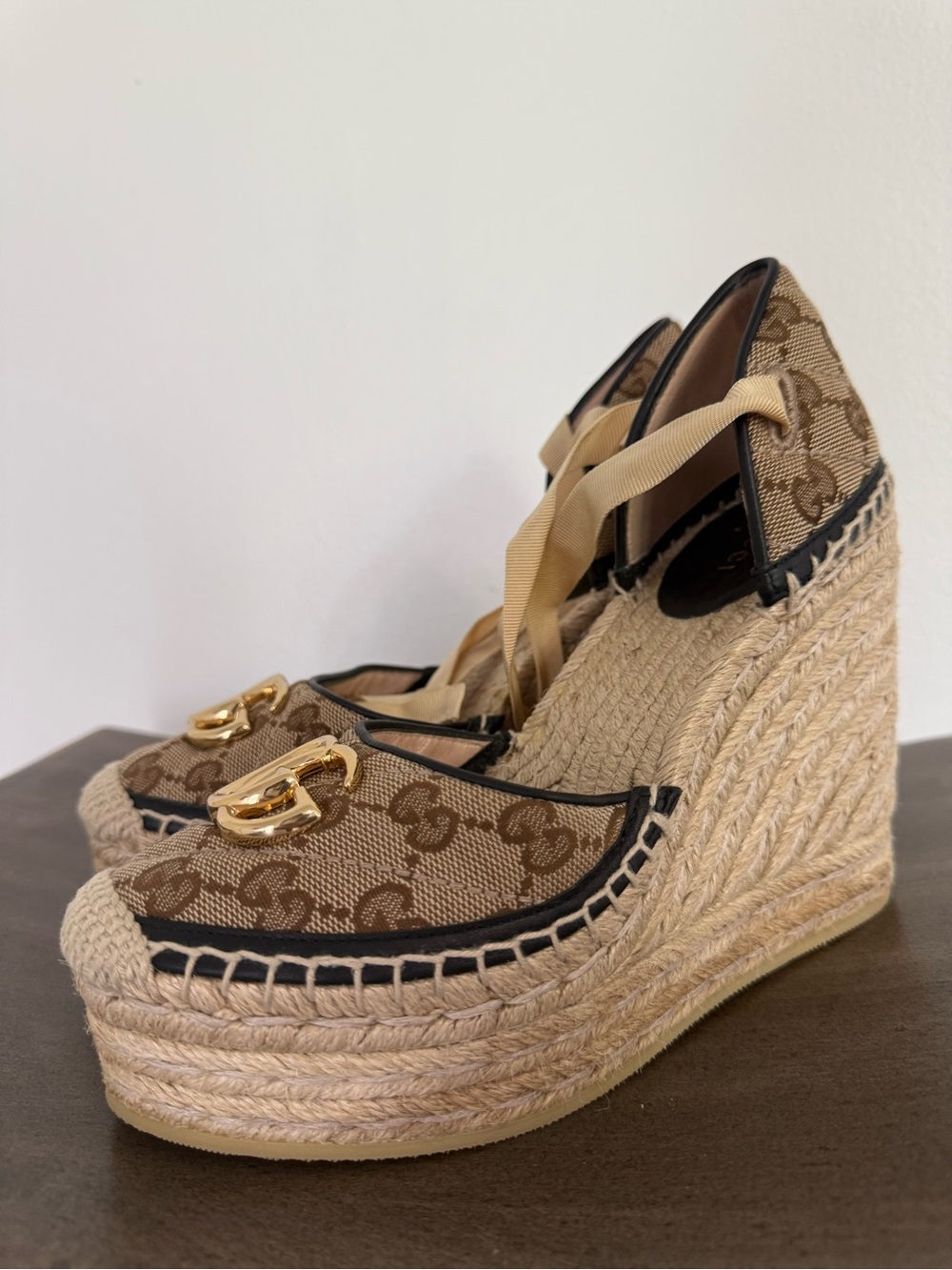 Gucci Beige Monogram Espadrille Wedge Sandals with Gold Logo - Picture 5 of 13